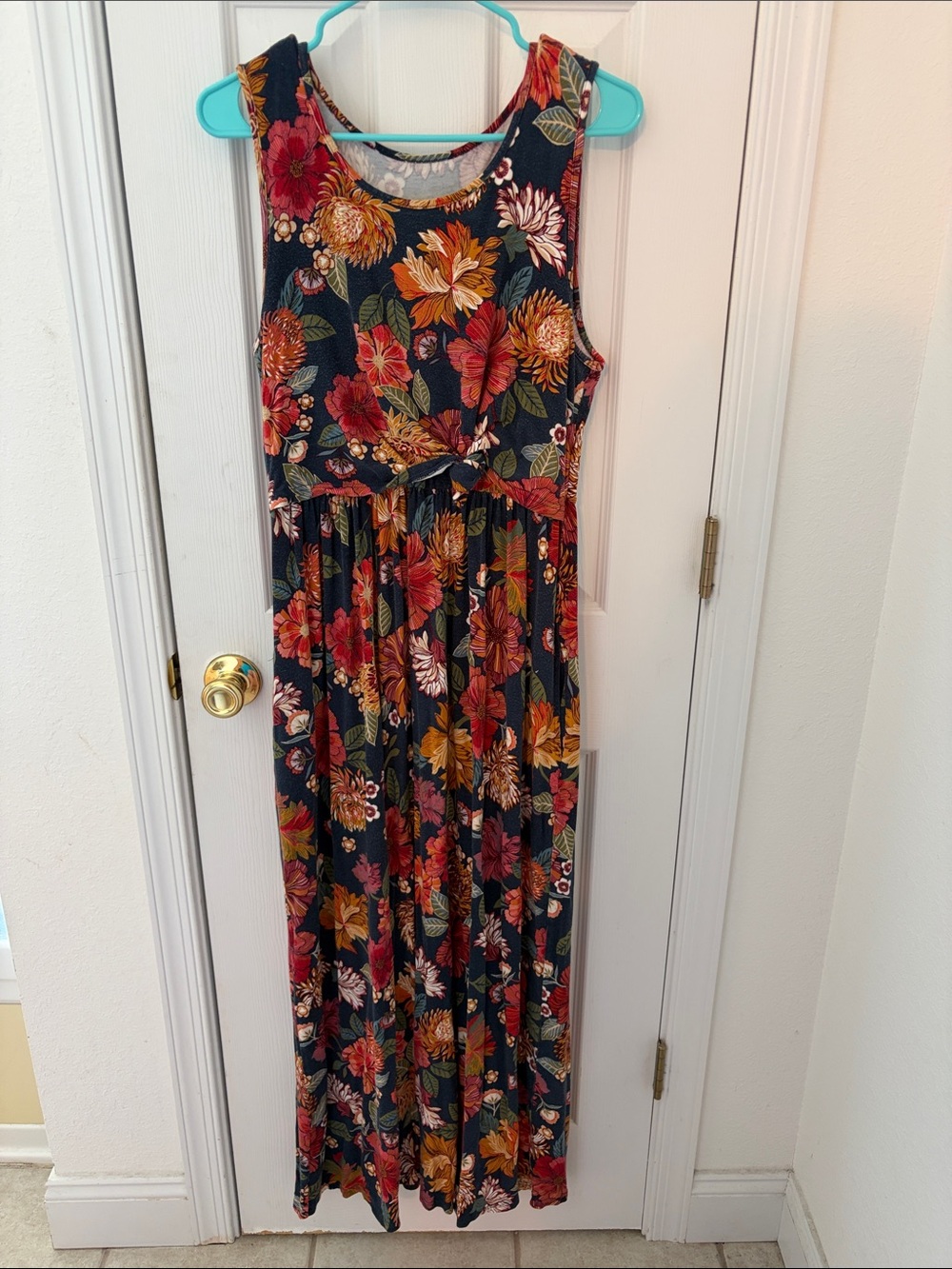 Latched Mama Nursing Floral Maxi Dress in Navy with Red, Orange & Green Bloom